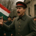 Generál Jozef Bem vedie reč na maďarskej revolúcii so zástavou v pozadí.