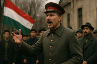 Generál Jozef Bem vedie reč na maďarskej revolúcii so zástavou v pozadí.