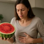 Žena drži melón a vyzerá znepokojene, s rukou na bruchu.