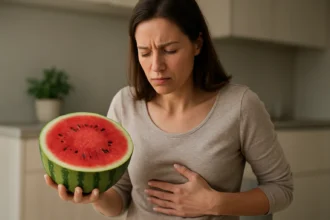 Žena drži melón a vyzerá znepokojene, s rukou na bruchu.