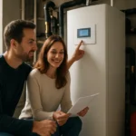 Šťastný pár kontroluje geotermálne tepelné čerpadlo v ich domove.