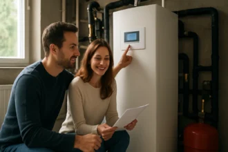 Šťastný pár kontroluje geotermálne tepelné čerpadlo v ich domove.