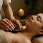 Žena na masáže s lávovým kameňom pre relaxáciu a regeneráciu.