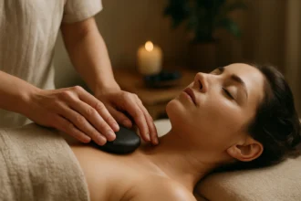 Žena na masáže s lávovým kameňom pre relaxáciu a regeneráciu.