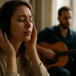 Žena s slúchadlami a muž hrajúci na gitaru, vyjadrujúci emócie cez hudbu.