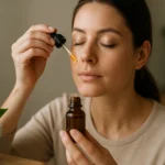 Žena používa bobkový olej na tvár pre jeho zdravotné výhody.