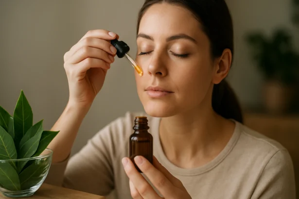 Žena používa bobkový olej na tvár pre jeho zdravotné výhody.
