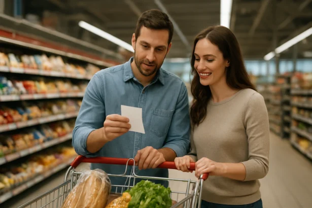 Pár pri prezeraní nákupného zoznamu v obchode Auchan.