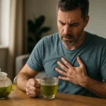 Muž so zeleným čajom a pocitmi úzkosti kvôli krvný tlak.