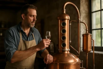 Muž skúma destilát pri aromatickej destilačnej veži.