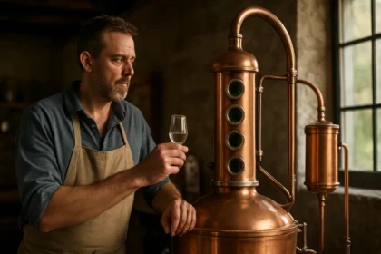 Muž skúma destilát pri aromatickej destilačnej veži.