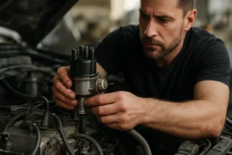 Mechanik inštaluje distribútor zapaľovania v motore