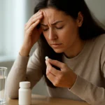 Žena s hlavou v dlaniach, zvažujúca užitie lieku.