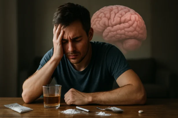 Muž trpiaci následkami užívania drog, zobrazený s mozgom v pozadí.