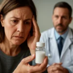 Žena s obavami drží pohárik so strieborným jodidom pri lekárovi.