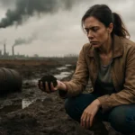 Žena skúma znečistenú pôdu v priemyselnej oblasti, symbolizujúca ekologickú krízu.
