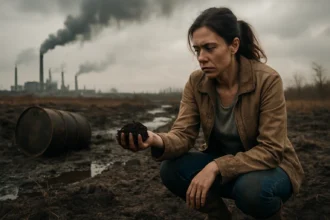 Žena skúma znečistenú pôdu v priemyselnej oblasti, symbolizujúca ekologickú krízu.