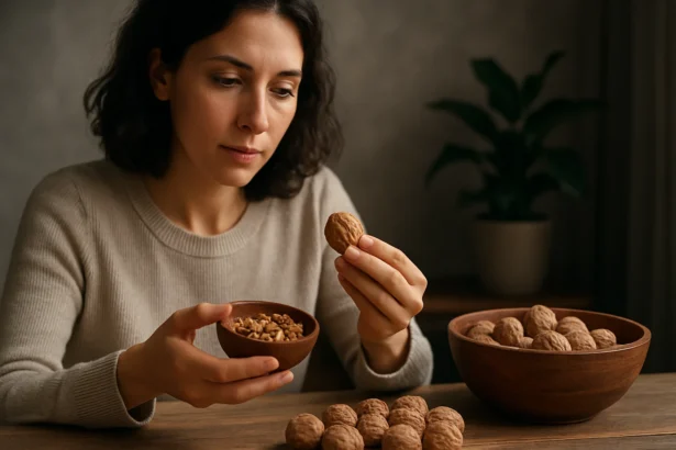 Žena skúma čierny orech a jeho účinky na zdravie