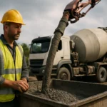 Robotník s betónovým čerpadlom na stavenisku