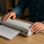 Osoba laminuje dokumenty pomocou laminovačky na drevenom stole.
