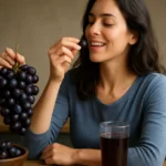 Žena si vychutnáva čerstvé Otelló hrozno a pohár vína.