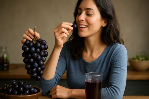 Žena si vychutnáva čerstvé Otelló hrozno a pohár vína.