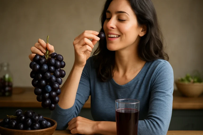 Žena si vychutnáva čerstvé Otelló hrozno a pohár vína.