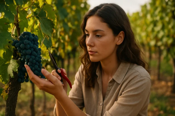 Žena starajúca sa o hrozno vo vinici s nožnicami v ruke.