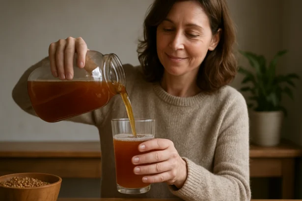 Žena nalieva svoj zázračný kvas do pohára na stole.