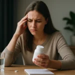 Žena s stresom drží fľašu glycínu a premýšľa o dávkovaní.