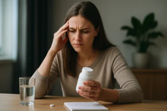 Žena s stresom drží fľašu glycínu a premýšľa o dávkovaní.