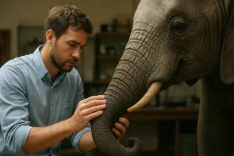 Muž skúma mamutie čerpadlo so slonom v pozadí