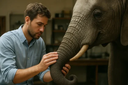 Muž skúma mamutie čerpadlo so slonom v pozadí