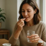 Žena berie vitamíny s vodou v domácnosti so zelenou rastlinou