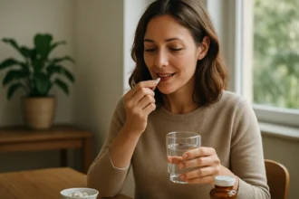 Žena berie vitamíny s vodou v domácnosti so zelenou rastlinou
