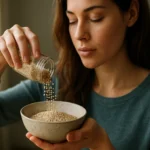 Žena posypáva sezamové semienka do misky