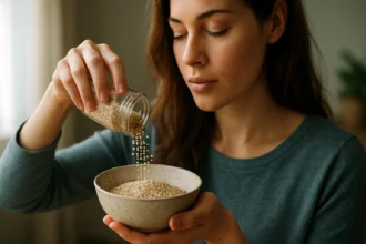 Žena posypáva sezamové semienka do misky