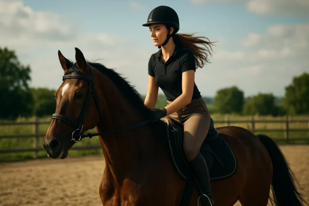 Jazdec na koni v elegantnej jazdeckej výstroji a prilbe