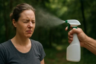 Žena sa bráni pred postrekovaním proti komárom.