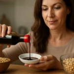 Žena naleje sójovú omáčku do misky s sójovými bôbmi na stole