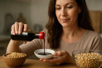 Žena naleje sójovú omáčku do misky s sójovými bôbmi na stole