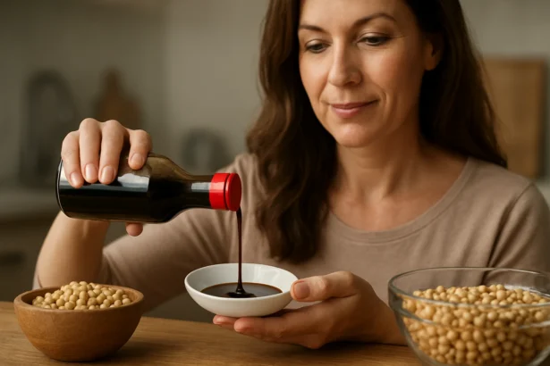Žena naleje sójovú omáčku do misky s sójovými bôbmi na stole