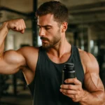 Muž ukazuje na svoje svaly s fľašou izoleucínu v posilňovni.