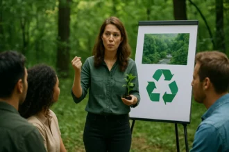 Žena prezentujúca udržateľné hospodárenie v prírode.
