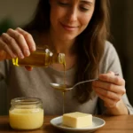 Žena nalieva maslový olej na lyžicu pred prípravou jedla.