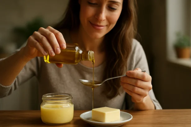 Žena nalieva maslový olej na lyžicu pred prípravou jedla.