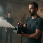 Muž ovládajúci hmlový stroj v zábavnom priemysle