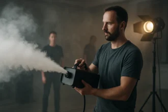 Muž ovládajúci hmlový stroj v zábavnom priemysle