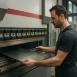 Pracovník používajúci CNC ohraňovací stroj na spracovanie kovu.