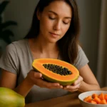 Žena s papájou, ovocím bohatým na živiny a zdravotné výhody.